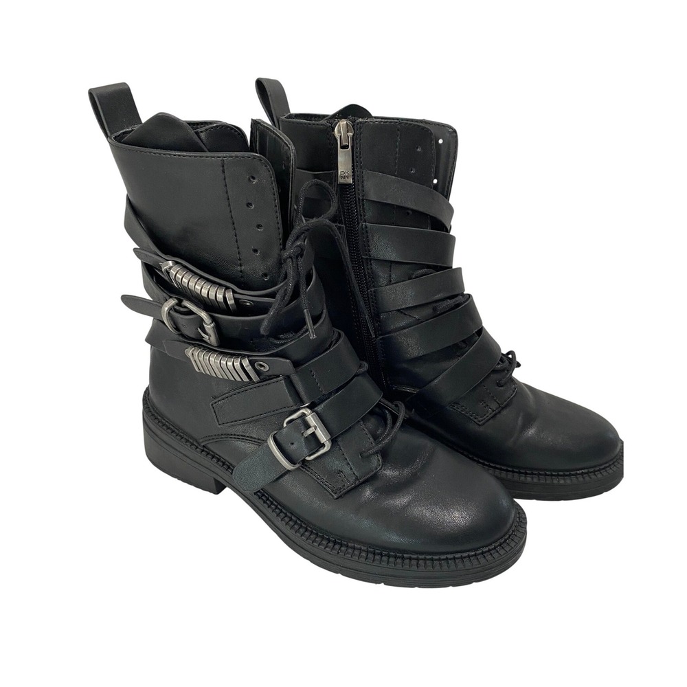 DKNY Combat Boots Womens 6 Black Excellent NTS-2206 Triple Buckle Side Zip Lug